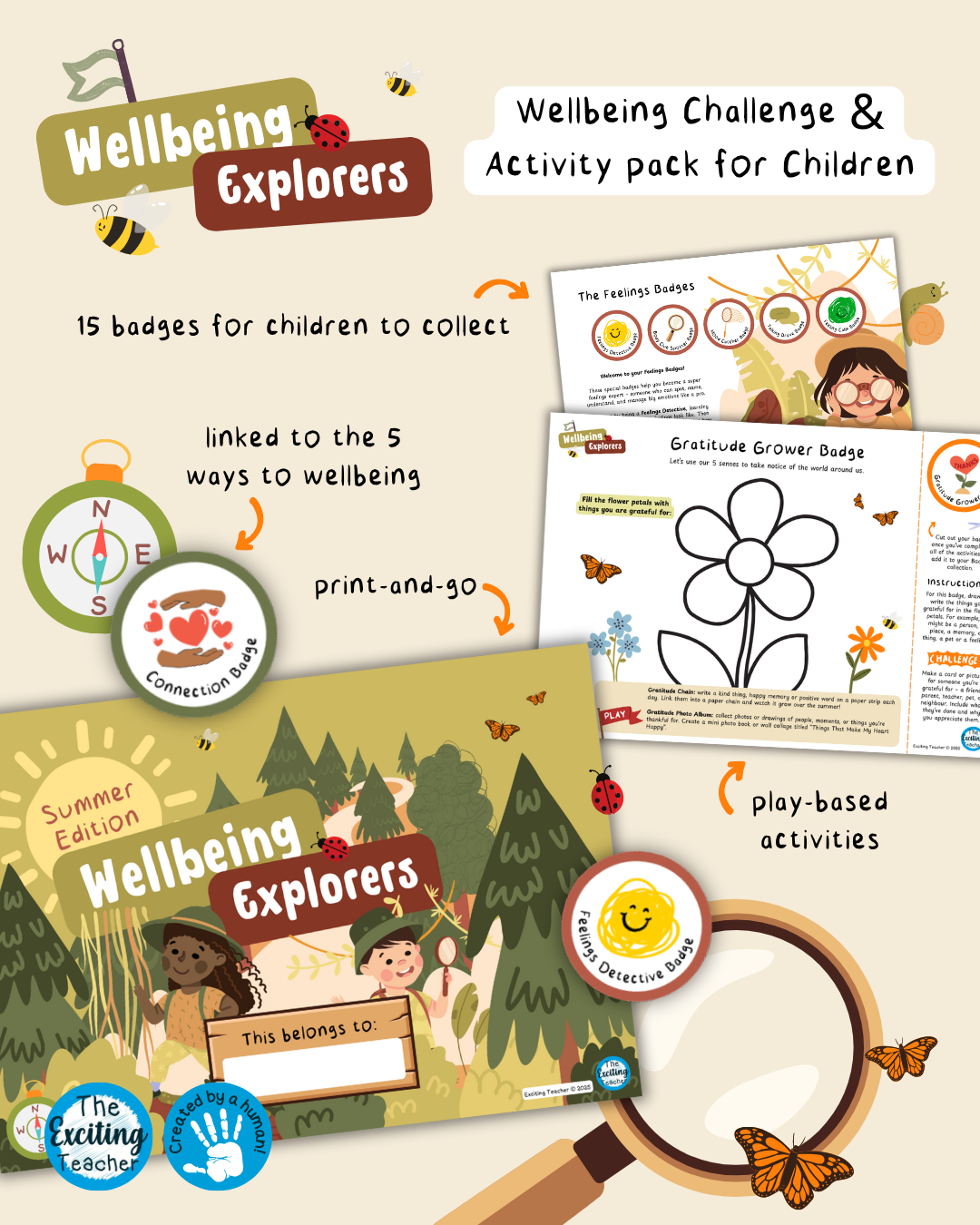 'Wellbeing Explorers: Summer Edition' - Emotional Literacy, Mental Health and 5 Ways to Wellbeing Activity Workbook for Children by Exciting Teacher